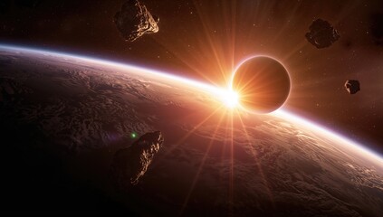 Dawn illuminating a cluster of planets in space, showcasing celestial beauty