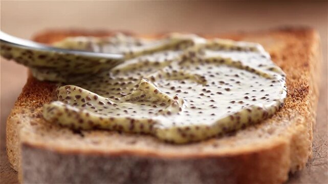 Slow-motion macro of creamy sacha inchi butter being spread on rustic sourdough toast, showcasing nutty texture, golden sheen, and smooth motion, plant protein, health, and natural nutrition