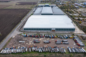Aerial view to wheat depot and many trucks near to Burgas, Bulgaria