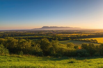 Obraz premium Countryside scenery featuring lush meadows and woodland. Premium quality image