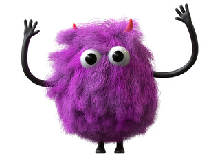 Fluffy, cute monster with raised arms, symbolizing excitement or victory. 3D rendering, conceptual image. Isolated on white background.