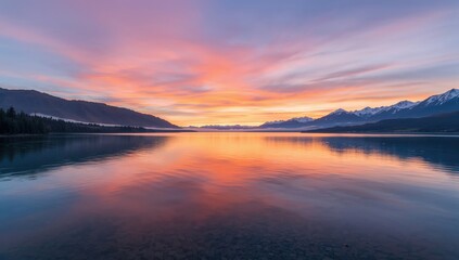 Naklejka premium Sunrise over a tranquil mountain lake