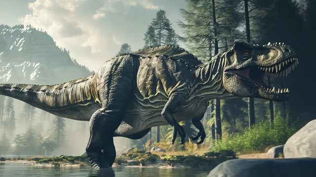 Scary hungry dinosaur with kind eyes and sharp teeth destroying public park