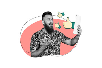 Composite photo collage of happy man influencer blogger streaming video phone device receive thumb...