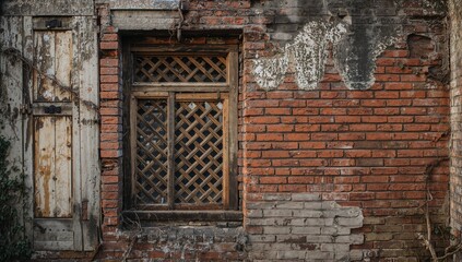 Vintage red brick structure with lattice window and wooden frame, showcasing grunge architectural texture