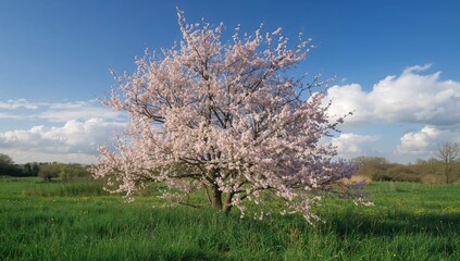 Flowering plum tree flourishing in a meadow under bright sunlight, showcasing seasonal change