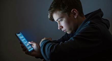 Social media harassment concept featuring young man staring intently at his phone in dim lighting, illustrating digital abuse. Social media harassment setup involves online bullying and cyber threats.