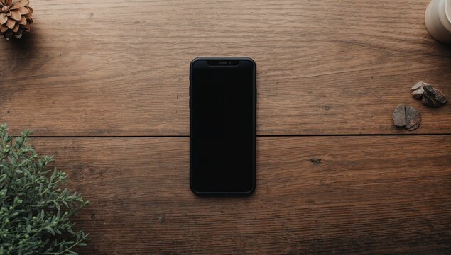 Smartphone placed on a rustic wooden table, ideal for social media and blog backgrounds - Powered by Adobe