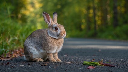 Fototapeta premium Bunny sitting on the pavement surrounded by greenery