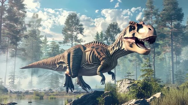 Scary hungry dinosaur with kind eyes and sharp teeth destroying public park