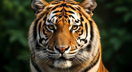 Fototapeta premium A close up portrait of a bengal tiger with striking orange and black stripes against green foliage