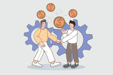 Fototapeta premium Two men shake hands in front of gears, with money transferring between them. Duotone outline illustration symbolizes a successful business partnership, B2B financial deal, and process collaboration.