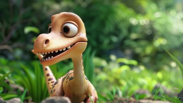 Scary hungry dinosaur with kind eyes and sharp teeth destroying public park