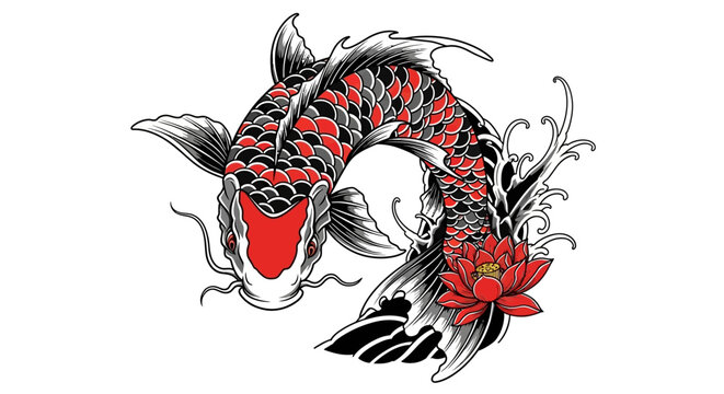 Striking japanese koi fish vector art with lotus flower, vibrant colors and smooth lines creating
