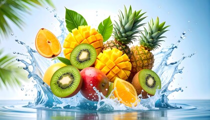 Vibrant Tropical Fruit Medley with Water Splash on Reflective Surface