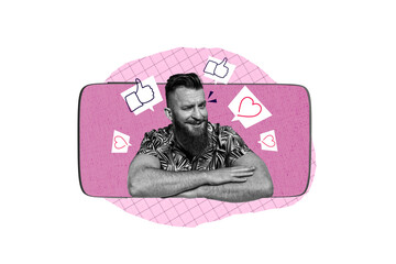 Composite photo collage of happy man blogger peek phone screen heart notification blogging...