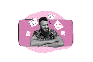 Composite photo collage of happy man blogger peek phone screen heart notification blogging streaming isolated on painted background