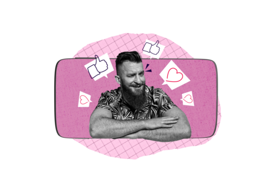 Composite photo collage of happy man blogger peek phone screen heart notification blogging streaming isolated on painted background