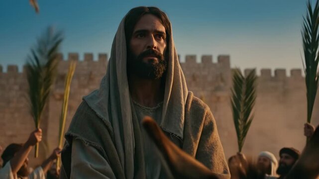 Man riding a donkey during Palm Sunday procession into Jerusalem, ancient biblical times, Christian faith, religious footage.
