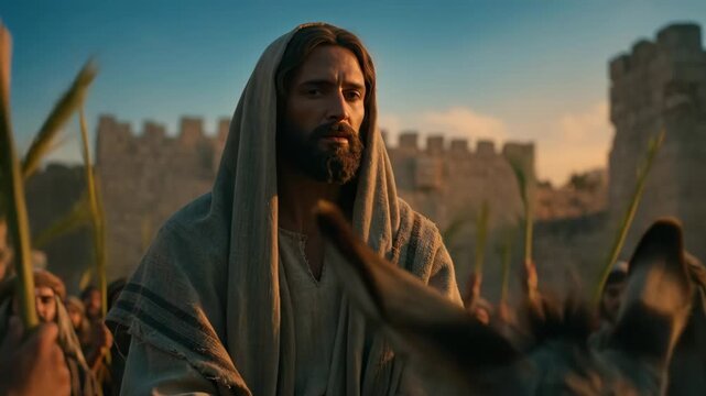 Man Jesus Christ riding donkey during Palm Sunday procession into Jerusalem, ancient biblical scene. Christian holiday, religious event footage.