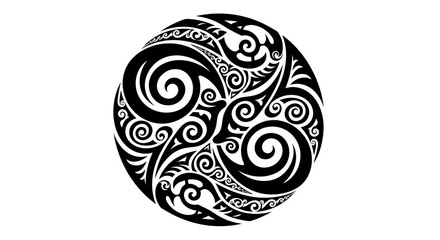Abstract monochrome tribal illustration featuring spiraling motifs and intricate patterns within