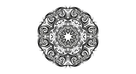 Ornamental mandala illustration featuring bold, textured black and white detailing
