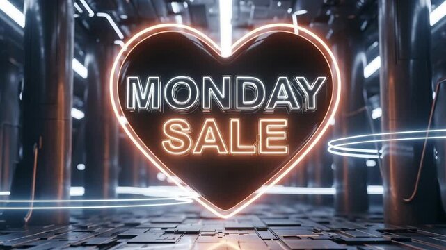 Cyber Monday sale neon heart glowing in futuristic space for digital marketing promotions and store discount deals