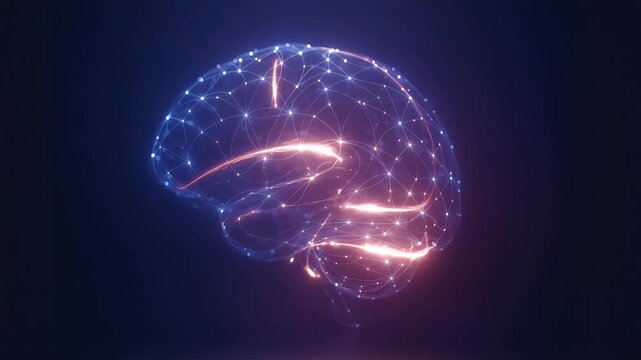 Glowing connected nodes forming abstract brain pattern with soft motion symbolizing creativity and intelligence