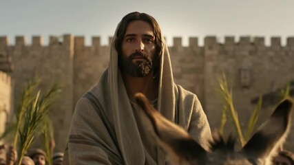 Man on donkey riding into Jerusalem for Palm Sunday, a biblical event from ancient times. Christian religious story footage.