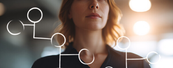 Woman interacting with digital flowchart, visualizing complex data and business strategy