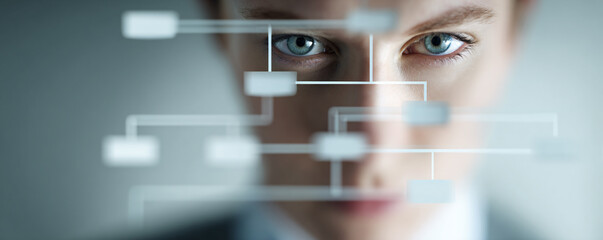 Woman analyzing data flowchart on virtual screen, planning digital business strategy