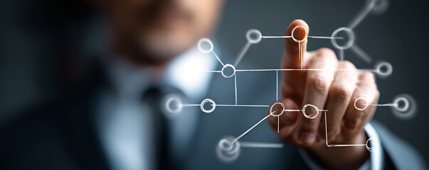 Businessman touching virtual network connecting data points on futuristic screen