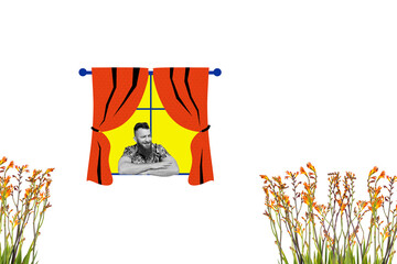 Creative collage picture young man home indoors window curtains environment look watch blossom...