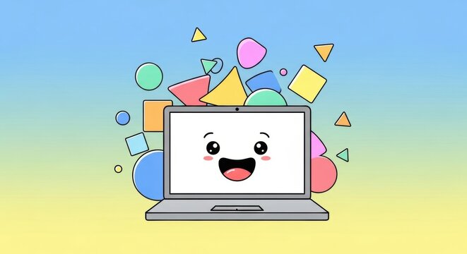 Cartoon laptop with a smiling face and colorful geometric shapes floating around it on a gradient background.