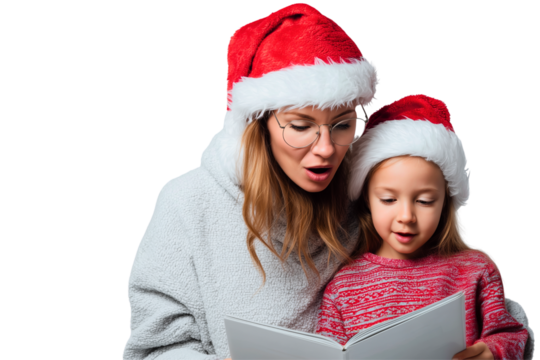 blond mom in warm hoodie is singing / learning her 6-7 year old daughter read a book; both are wearing christmas santa hats and are  isolated over white (transparent) background