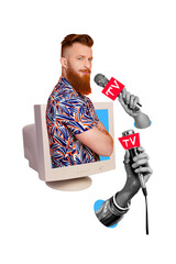 Vertical collage young handsome man model pc screen monitor microphone reporter journalist show...