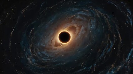 A dramatic black hole singularity surrounded by a swirling, glowing accretion disk of orange and blue gas in the dark universe. - Powered by Adobe