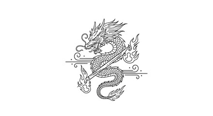 Enigmatic oriental dragon artwork with flaming sword symbolizing power and mystic tradition