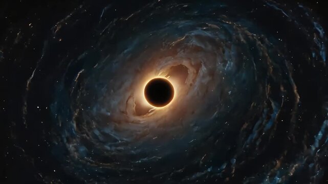 A dramatic black hole singularity surrounded by a swirling, glowing accretion disk of orange and blue gas in the dark universe.
