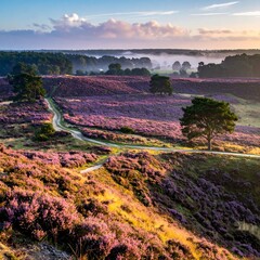 Blooming Heather Landscape at Sunrise in the Netherlands.