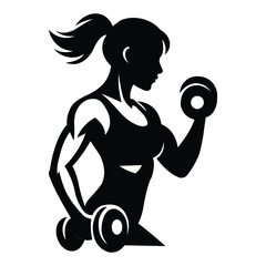 Silhouette of a Strong Woman Exercising with Dumbbells.