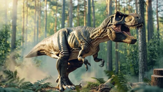 Scary hungry dinosaur with kind eyes and sharp teeth destroying public park