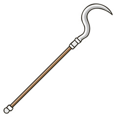 Curved metal tool on a wooden pole for harvesting or defense