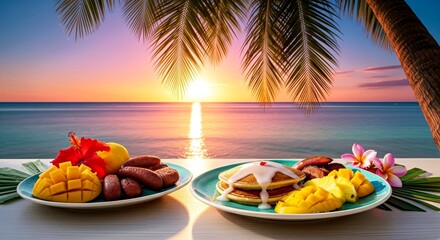 Tropical breakfast spread with pancakes and fruits at sunset