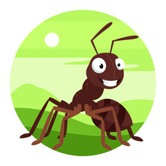 Cartoon Ant Illustration Smiling on a Green Landscape 