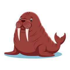 Cartoon Walrus with Long Tusks on Ice 