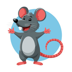Happy Smiling Mouse Cartoon Character with Open Arms on Blue Background