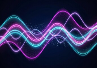 A minimalistic neon composition showing flowing cyan and magenta waves across a deep navy background. Subtle glowing dots enhance the depth and futuristic tone. The lines form a rhythmic digital patte