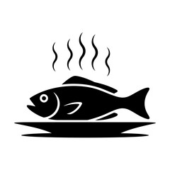 Cooked Fish serve on plate with aroma icon Silhouette vector on white background