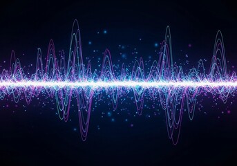 A minimalistic neon composition showing flowing cyan and magenta waves across a deep navy background. Subtle glowing dots enhance the depth and futuristic tone. The lines form a rhythmic digital patte